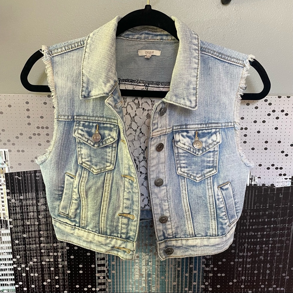 3 for $15//Cropped Light Denim Vest with Lace Back
